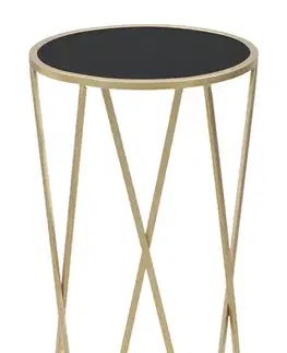 Estila Art deco zlatý kovový kulatý příruční stolek Lery s nohou s tyčemi do X s vrchní skleněnou černou deskou 75 cm