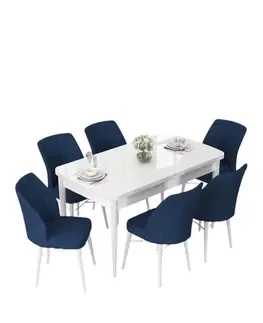 Extendable Dining Table & Chairs Set (7 Pieces) Nef - White, Navy Blue
