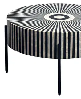 Estila Designový art deco kulatý konferenční stolek Celia s intarzií se vzorem slunečních paprsků v černé a bílé barvě 64 cm