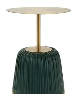 Estila Art deco zlatý okrúhly príručný stolík Giselle s podstavou s tmavým zeleným koženým poťahom so skladaným dizajnom 40 cm