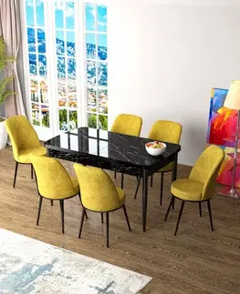Extendable Dining Table & Chairs Set (7 Pieces) Zen - Black Marble, Mustard