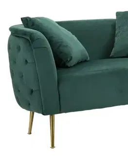 Estila Glamour obdélníková zelená sametová čalouněná dvoumístná sedačka Lienne s oblými opěrkami a zlatými kovovými nožičkami 127 cm