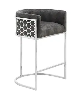 Estila Art deco barová židle Arienda s šedým sametovým potahem a chromovou kovovou konstrukcí 88 cm