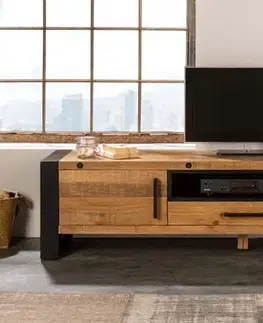 Estila Industriální designový TV stolek Adin z masivu a kovu se zásuvkou a dvířky 200cm