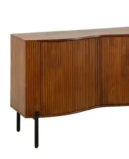 Estila Art deco hnědý třídveřový příborník Allegra z mangového dřeva s dekorativními lamelami s černými kovovými nožičkami 177 cm