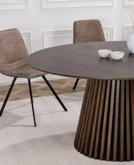 Estila Moderní tmavě hnědý kulatý jídelní stůl Davidson s jednou nohou s lamelovým zdobením 140 cm