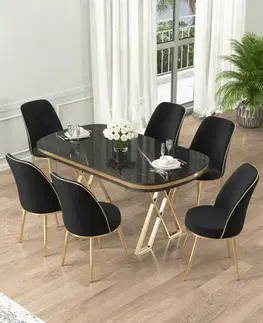 Dining Table & Chairs Set (7 Pieces) Lai - Black Marble, Gold, Black