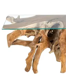 Estila Luxusní masivní konzolový stolek Root s organickou nohou z hnědého teakového dřeva a skleněnou deskou 150 cm