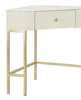 Estila Designový glamour rohový konzolový stolek Glamia Tapisé se šuplíkem s béžovým prošívaným čalouněním a zlatou podstavou 84 cm