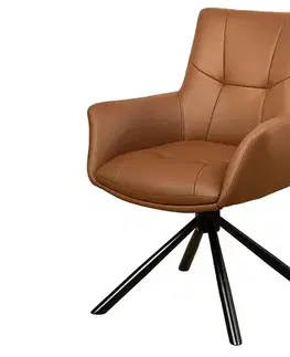 Estila Moderní kožená otočná jídelní židle Mariposa s prošívaným potahem v koňakové hnědé barvě s černou podstavou 86 cm