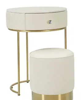 Estila Art deco krémový toaletní stolek s taburetkou Glamia Tapisé s mramorovou deskou a koženým potahem se zlatými detaily 52 cm