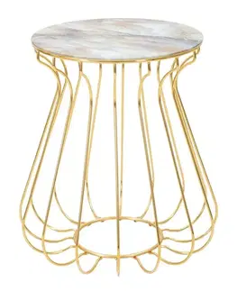 Estila Art deco kulatý kovový zlatý mramorový konferenční stolek Naris s atypickou nohou a vrchní fialovou deskou 52 cm