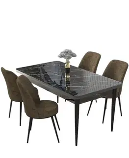 Dining Table & Chairs Set (5 Pieces) Nil - Black Marble, Brown