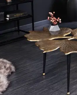 Estila Art-deco kovový konferenční stolek Ginko ve zlaté barvě se třemi černými nožičkami 75cm