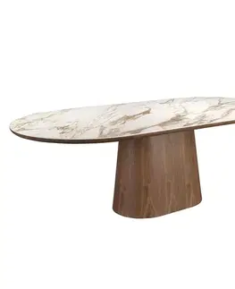 Estila Luxusní moderní oválný jídelní stůl Vita Naturale z bílého porcelánu s mramorovým vzorem s nohou z hnědého dřeva 240 cm