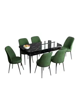 Extendable Dining Table & Chairs Set (7 Pieces) Han - Black Marble, Khaki