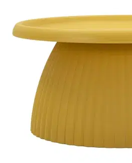 Estila Moderní žlutý konferenční stolek Corralejo s kulatou deskou s vyvýšenými okraji a širokou žebrovanou nohou 70 cm