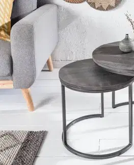 Estila Industriální set kruhových příručních stolků Elements z masivu šedé barvy 55cm