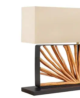 Estila Moderní designová stolní lampa Adduro s černou kovovou podstavou s naturálním dřevěným prvkem a béžovým stínítkem 60 cm