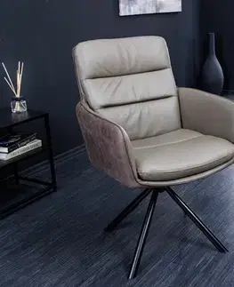 Estila Moderní industriální otočná kožená židle Coiro s kovovými nožičkami šedá taupe barva 90 cm