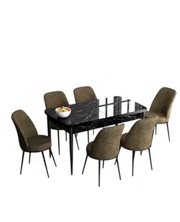 Extendable Dining Table & Chairs Set (7 Pieces) Han - Black Marble, Brown