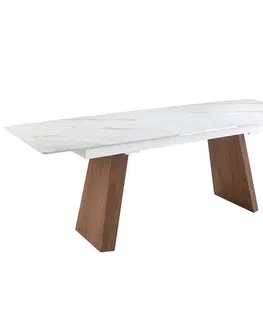 Estila Luxusní rozkládací obdélníkový jídelní stůl Vita Naturale s bílou mramorovou deskou a hnědým dřevěnýma nohama 180 / 230 cm