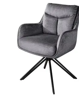 Estila Industriální designová otočná čalouněná jídelní židle Idea s šedým velurovým potahem a černou kovovou podstavou 60 cm