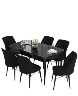 Extendable Dining Table & Chairs Set (7 Pieces) Eva - Black Marble, Black