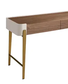 Estila Luxusní moderní psací stůl Forma Moderna se dvěma šuplíky v kombinaci béžové a ořechové hnědé se zlatou podstavou 140 cm