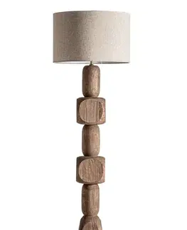 Estila Luxusní etno stojací lampa Ninewe s hnědou masivní vyřezávanou nohou z mangového dřeva a béžovým jutovým stínítkem 164 cm