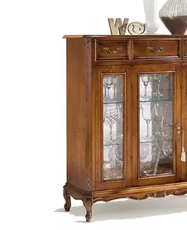 Estila Rustikální luxusní vitrína Emociones z masivního dřeva se šuplíky a skleněnými dvířky 115cm