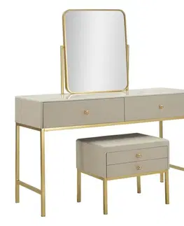 Estila Glamour čalouněný béžový toaletní stolek Glamia Tapisé se zrcadlem a taburetkou se zásuvkami a zlatými detaily 120 cm