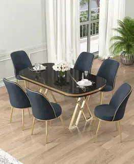 Dining Table & Chairs Set (7 Pieces) Lai - Black Marble, Gold, Anthracite