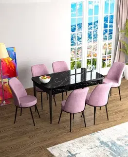 Extendable Dining Table & Chairs Set (7 Pieces) Han - Black Marble, Pink