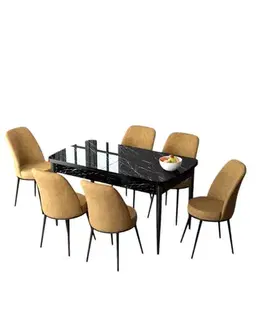 Extendable Dining Table & Chairs Set (7 Pieces) Zen - Black Marble, Cappuccino
