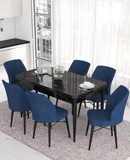 Extendable Dining Table & Chairs Set (7 Pieces) Eva - Black Marble, Navy Blue