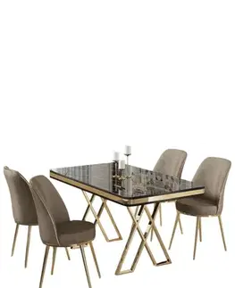 Dining Table & Chairs Set (5 Pieces) Vals - Black Marble, Gold, Cappuccino