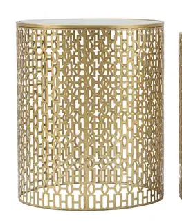 Estila Art deco sada kulatých kovových příručních stolků Lomar se zlatým vzorováním a vrchní zrcadlovou deskou 50 cm
