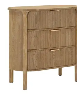 Estila Stylová art deco oválná dřevěná komoda Meer v hnědé barvě s vyřezávanou drážkovanou strukturou a třemi zásuvkami 82 cm