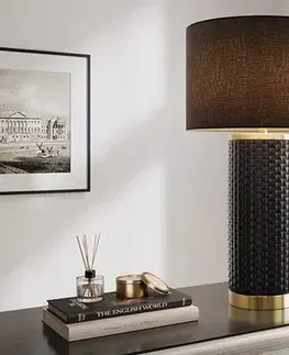 Estila Moderní černá stolní lampa Draconia se zlatými kovovými detaily a keramickou podstavou s pleteným designem 70 cm