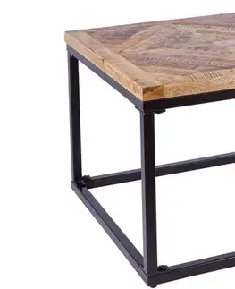 Estila Etno čtvercový příruční stolek Frida z masivního dřeva sparketovým designem vrchní desky a černou kovovou konstrukcí 60 cm