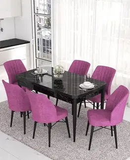 Extendable Dining Table & Chairs Set (7 Pieces) Eva - Black Marble, Purple