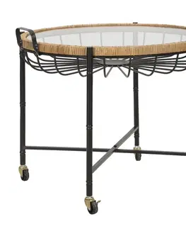Estila Moderní designový kulatý kovový příruční stolek Pavone s černými nožičkami se skleněnou deskou s ratanovým rámem 70 cm