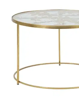 Estila Designový kulatý kovový zlatý konferenční stolek Papillon s kovovými motýly a skleněnou vrchní deskou 60 cm