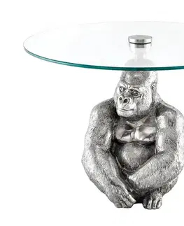 Estila Art deco kulatý příruční stolek Tierra Glam se stříbrnou kovovou podstavou v podobě gorily a skleněnou deskou 60 cm