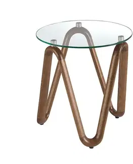 Estila Luxusní designový kulatý příruční stolek Forma Moderna se zvlněnou dřevěnou hnědou podstavou a skleněnou deskou 50 cm