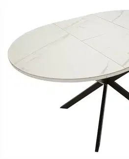 Estila Moderní mramorový kulatý rozkládací jídelní stůl Tarro s bílou deskou s šedou kresbou a černou podstavou 100-140 cm