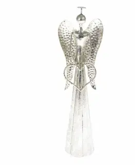 Vánoční kovová LED dekorace Angel with heart stříbrná, 9,5 x 30 cm