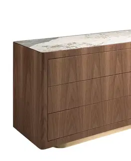 Estila Luxusní art deco ořechová hnědá komoda Vita Naturale se třemi šuplíky s bílým mramorem s šedou kresbou a zlatým kovem 130 cm