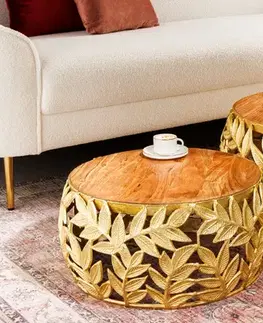 Estila Zlatá glamour sada dvou kulatých konferenčních stolků Basoa s podstavou s designem listů a dřevěnou deskou 68 cm